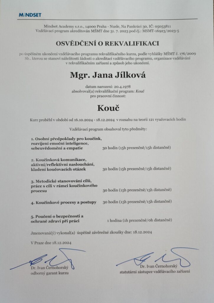 certifikát koučky